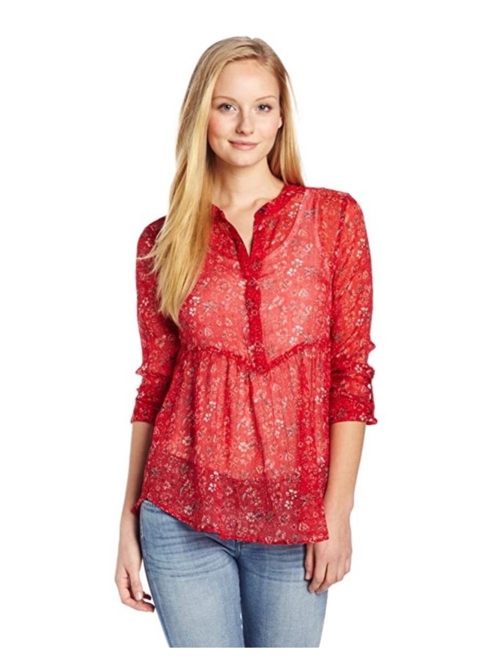 Roxy size small Red Floral Sheer Boho Blouse top